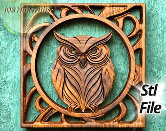 Owl panel relief 3D STL file, CNC router carving and 3D printing design for decorative wood wall art, pierced panel STL model for Aspire