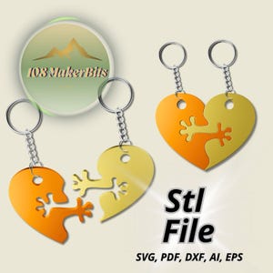 May include: Two heart-shaped keyrings, each split into two interlocking pieces. One keyring is orange and yellow, the other is yellow and orange. They have silver key rings and chains. The image also includes the text "Stl File" and "SVG, PDF, DXF, AI, EPS".
