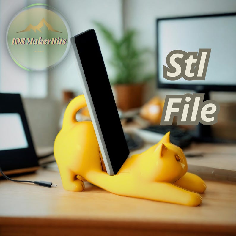 ALT TEXT (image):
3D STL file of a stretching cat phone holder – perfect for desk use, 3D printing with PLA or resin.