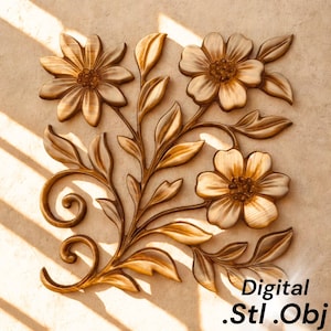 May include: A decorative floral wall art piece featuring three flowers and leaves in shades of brown and beige. The design includes the text "Digital .Stl .Obj".