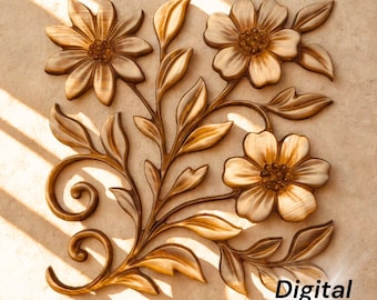 Floral Relief STL OBJ for 3D Printing and CNC | Decorative Flower digital File. Branch stl file.