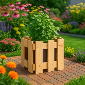 Pflanzkübel aus Massivholz in verschiedenen Größen und verschiedenen Holzarten für die Außendekoration der Gartenterrasse