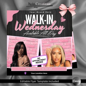 Walk-In Wednesday DIY Lash tech flyer, appointments available hairstylist MUA  nail tech esthetician facials waxing wig install/ book now