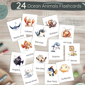 Ocean Animal Flashcards for Kids | 24 Sea Creature Cards + Picture-Only Set | Montessori Printable PDF JPEG | Preschool Learning Game