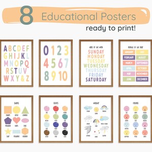 Pósteres educativos para niños: juego de 8 láminas pastel / Alfabeto, números, clima y sentimientos / Educación Montessori en casa / Decoración de sala de juegos