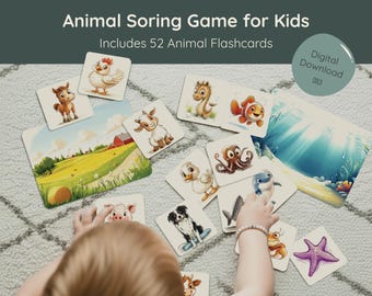 Juego de emparejar hábitats de animales / 52 tarjetas didácticas de animales para niños / Actividad de clasificación imprimible