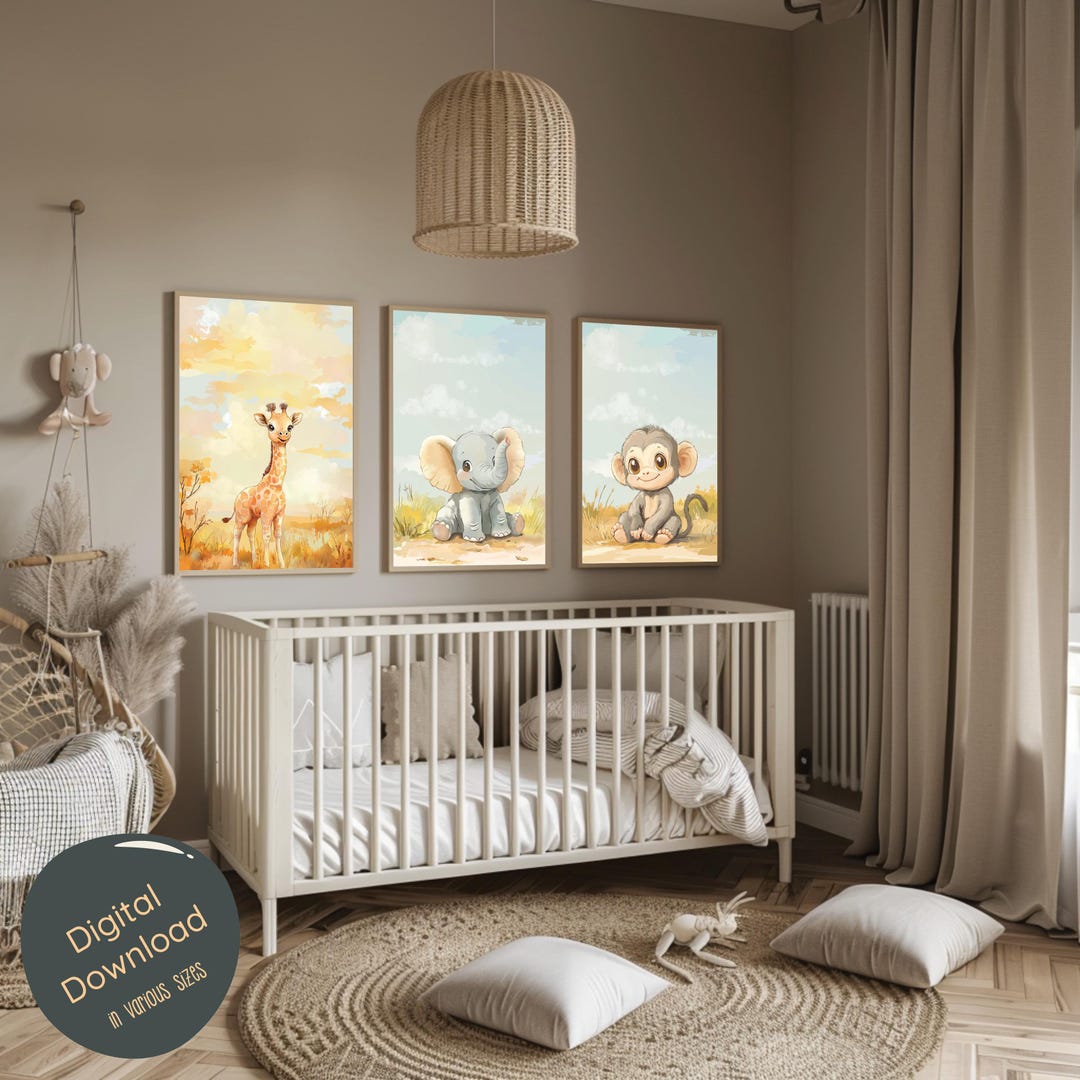 Safari Animal Nursery Prints | 9 Baby Animals Digital Art for Kids Room ...