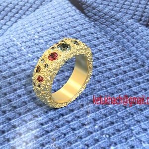 Fichier STL texturé pour bague large, modèle 3D de bague multi-pierres, conception de bague en or organique, - tige conique, STL et 3DM