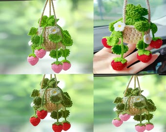 Crochet Hanging Flower Basket Car Charm, Handmade Knitted Plant Ornament, Cute Car Mirror Decor, Gift for Her, Boho Mini Flower Pot