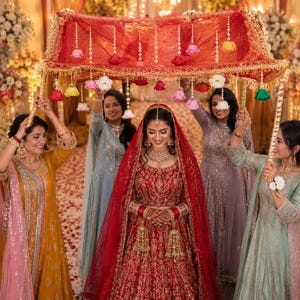 May include: A person in a red embroidered lehenga and veil stands under a red canopy held by four people. The canopy features gold trim and hanging floral accents in pink, white, yellow, and red. The people wear long, embellished dresses in yellow, blue, and green.