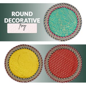May include: Three round decorative trays with gold and maroon trim. The trays are lined with fabric in green, yellow, and red with different patterns.
