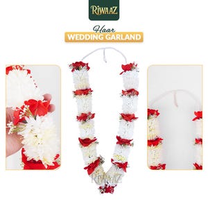 Puede incluir: Una guirnalda floral de boda blanca y roja. La guirnalda está compuesta por flores blancas y rosas rojas, con un cordón blanco para colgar. El texto "Rivaaz Haar Wedding Garland" es visible.
