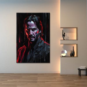 John Wick Canvas Print - Dramatic Portrait of Keanu Reeves in the Rain - Black and Red Art Decor
