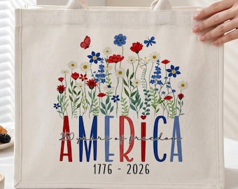Bolso de lona personalizado para el 250 aniversario de Estados Unidos, regalo para mujeres patriotas, 4 de julio de 2026, diseño Floral Freedom 1776.