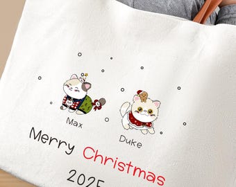 Personalized Christmas Cat Tote Bag,Custom Cute Cat Holiday Shopper,Cat Lover Gifts,Christmas Cat Mom Bag,Meowy Christmas Canvas Tote Bag