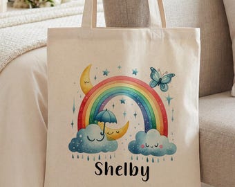 Girls Birthday Gift, Personalized Canvas Tote Bag, Rainbow Unicorn Name Bag, Kids Library Tote, Cute Reusable School Bag