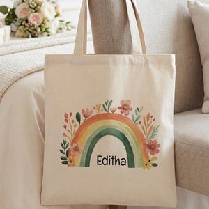 Personalized Kids Tote Bag for Girls, Birthday Gift, Boho Rainbow Floral Canvas Library Bag