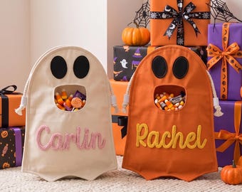Personalized Trick or Treat Bag, Ghost Halloween Candy Bag, Custom Name Kids Tote, First Halloween Gift for Toddler,Cute Ghost Treat Tote