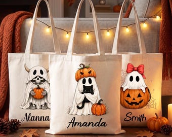 Personalized Trick or Treat Bags, Halloween Candy Bag Tote with Name, Custom Name Canvas Bag for Kids, Halloween Gift for Boys or Girls