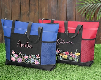 Personalized Tote Bag,Flower Tote Bag,Custom Zipper Tote Bag,School Bag,Bridesmaid Gift,Cute Tote With Pockets,Tote Bag,Large Tote With Name