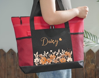 Custom Zipper Tote Bag,Tote Bag,Flower Tote Bag,Personalized Tote Bag,School Bag,Cute Tote With Pockets,Bridesmaid Gift,Large Tote With Name