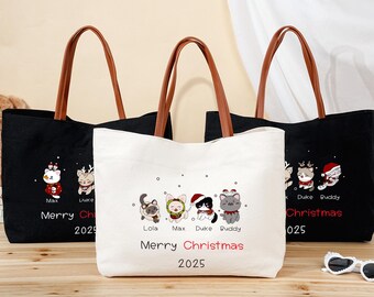 Custom Cute Cat Holiday Shopper,Cat Lover Gifts,Personalized Christmas Cat Tote Bag,Meowy Christmas Canvas Tote Bag,Christmas Cat Mom Bag