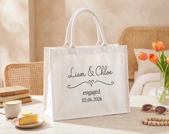Personalized Engagement Tote Bag, Custom Couple Names and Date, Newly Engaged Gift for Bride to Be, Engagement Party Keepsake