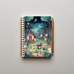 Puede incluir: Un cuaderno de espiral con una portada que muestra una escena de bosque fantástico, con una casa, personajes de dibujos animados y una luna creciente. Un bolígrafo dorado descansa junto al cuaderno. La ilustración de la portada es detallada y colorida.