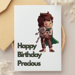 Cartão de feliz aniversário, fofo, inspirado no Senhor dos Anéis, gráfico engraçado, citação preciosa, saudação, geek, fã da cultura pop, papelaria