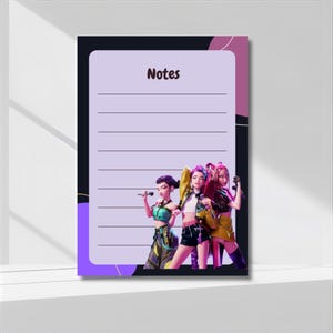 May include: A notepad with the word "Notes" at the top, featuring a purple and black design. The bottom of the notepad has a graphic of three women holding microphones. The women are wearing colorful outfits.