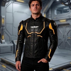 May include: A black leather jacket featuring a high collar, a central zipper, and vibrant orange geometric accents. The jacket includes shoulder padding with skull emblems and a small winged skull logo on the chest, paired with black trousers.