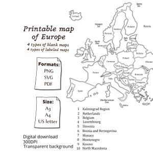 Könnte beinhalten: Schwarz-weiße druckbare Europakarte mit Umrissen und Beschriftungen der Länder. Formate PNG, SVG und PDF, Größen A3, A4 und US Letter. Digitaler Download mit transparentem Hintergrund.
