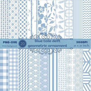 May include: A collection of 20 blue and white geometric ornament patterns. The patterns include floral, polka dots, bamboo, and stripes. The image text reads "Blue toile delft geometric ornament" and "21 x 21 inch."