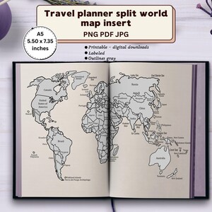 Può includere: Un inserto per agenda di viaggio con mappa del mondo divisa in formato A5, 14,8 x 21 cm. Il download digitale stampabile presenta una mappa del mondo con contorni grigi ed etichette su due pagine, con nomi di paesi e regioni in nero.