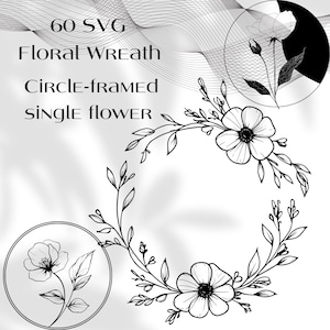 Floral Wreath with Wildflowers: Wedding Flower Frame, Daisy SVG, Birth Month Flowers, Minimalist Floral arrangement, Monogram, Single Flower