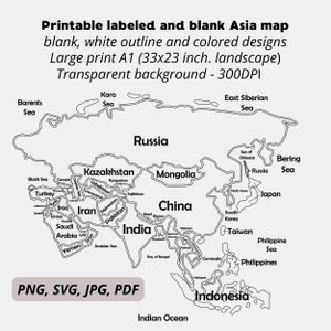 Może przedstawiać: Etykietowana i pusta mapa Azji z białymi konturami i kolorowymi wzorami. Duży wydruk A1 (84x58 cm) w orientacji poziomej, z przezroczystym tłem. Dostępne formaty PNG, SVG, JPG i PDF.