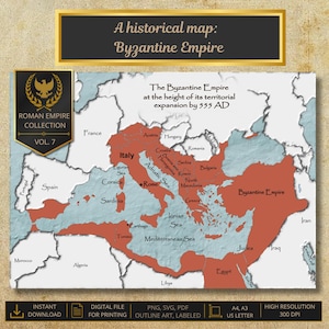 Könnte beinhalten: Eine historische Karte mit dem Titel A historical map: Byzantine Empire, die das Byzantinische Reich auf dem Höhepunkt seiner territorialen Ausdehnung im Jahr 555 n. Chr. zeigt. Die Karte zeigt rote Landmassen vor einem hellblauen Meer.