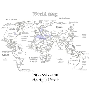 May include: Black and white world map illustration with country outlines and ocean names. The text "World map" is at the top. The image includes the text "PNG - SVG - PDF" and "A4, A3, US letter".