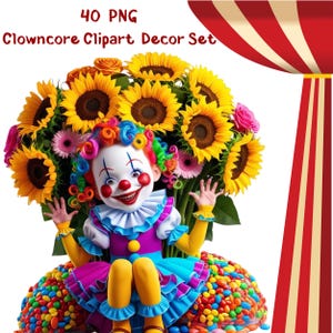 Clowncore Clipart Set. Bunt und gezeichnete Clown Kunst. Harlekin Design, Narrenhut, süße Clowns, Clown Mädchen, Fun Shirt Designs
