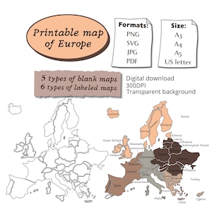 Puede incluir: Descarga digital de un mapa imprimible de Europa. La imagen incluye un mapa en blanco y otro con nombres de países. Formatos disponibles: PNG, SVG, JPG y PDF. Tamaños: A3, A4, A5 y carta estadounidense.