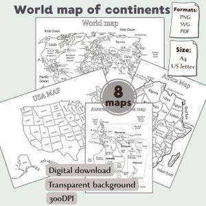 Märkt världskarta över kontinenter SVG PNG clipart: Utskrivbar USA, Europa, Asien, Syd-Nordamerika för väggkonst, reseinlägg, utbildning