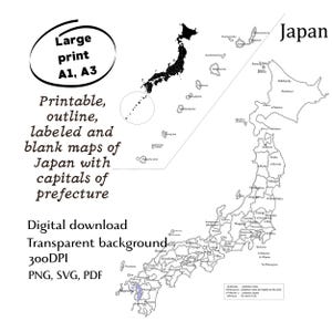 Könnte beinhalten: Eine schwarz-weiße digitale Landkarte von Japan mit beschrifteten Präfekturen und Hauptstädten. Das Bild enthält den Text: Large print A1, A3, Printable, outline, labeled and blank maps of Japan with capitals of prefecture, Digital download, Transparent background, 300DPI, PNG, SVG, PDF.