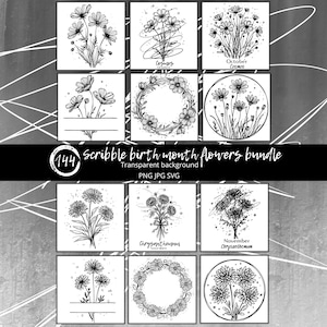 May include: A black and white digital art bundle featuring various floral illustrations, including cosmos and chrysanthemums. The text "144 Scribble birth month flowers bundle" is displayed, along with "Transparent background" and file type information.