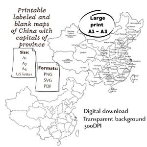Könnte beinhalten: Eine schwarz-weiße digitale Landkarte von China mit Provinzgrenzen und Hauptstädten. Der Text lautet: Printable labeled and blank maps of China with capitals of province, Large print A1-A3, Size: A1, A3, A4, US letter, Formats: PNG, SVG, PDF, Digital download, Transparent background, 300DPI.
