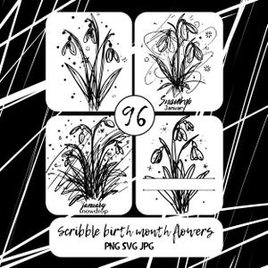 May include: Black and white digital art featuring four square designs with snowdrop illustrations. Each design includes a different artistic rendering of the flower, with the word "January" and "Snowdrop" in some. The number "96" is in a circle.