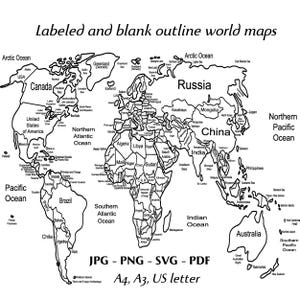 Oznaczona i pusta mapa świata w formacie SVG. Grafika wektorowa do druku: kontynenty i kraje, grafika ścienna, dla podróżników i do celów edukacyjnych.