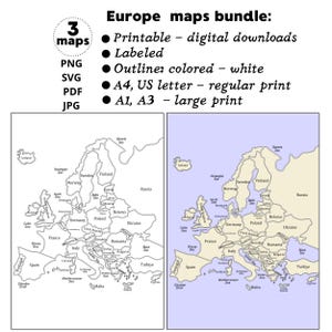 Könnte beinhalten: Ein digitales Paket mit drei beschrifteten Europakarten in den Formaten PNG, SVG, PDF und JPG. Der Text lautet: Europe maps bundle: 3 maps, Printable - digital downloads, Labeled, Outline: colored - white, A4, US letter - regular print, A1, A3 - large print.