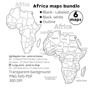 Könnte beinhalten: Ein digitales Set aus sechs schwarz-weißen Umrisskarten von Afrika, inklusive leerer und beschrifteter Versionen. Der Text umfasst Africa maps bundle, 6 maps sowie Druckgrößen: A4 21,00x29,70cm, US Letter 21,59x27,94cm und A3 29,70x42,00cm. PNG SVG PDF.