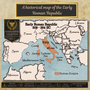 Historische Karte der frühen Römischen Republik. Printable, umrissen, beschriftet, koloriert Antike Italien Empire für große Wanddrucke, Bildungsstudie