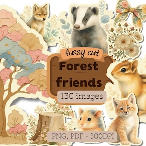 Forest friends fussy cut PNG PDF bundle. Woodland baby animal prints and accessories: wolf, fox, bear and birds for junk journal crafting